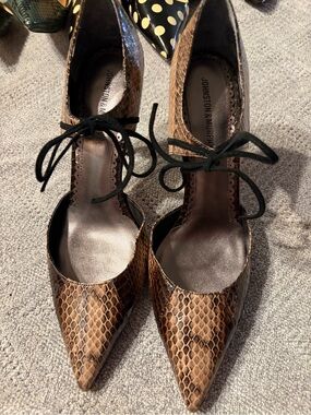 Johnston & Murphy Brown Snake-Print Pointed Toe Lace-Up Heels